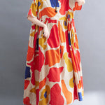 Artistic Retro Short Sleeves Loose Contrast Color Printed Round-Neck Midi Dresses