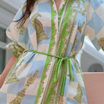 Unique Printed Long Sleeve Drawstring Pocket Shirt Midi Dress
