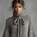 Women's Minimalist Loose Knitted High Neck Bow Tie Mini Dress