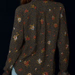 Retro Floral Print Curved Hem Ruffled Sleeves Blouse