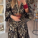 Gold Foil Leopard Print Balloon Sleeve Twist Top and High Rise Elastic Waist Oversized Flare Pants Set