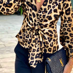 Janae Leopard Print Front Tie-up Lantern Sleeve Casual Blouse