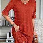 A-Line Flared Sleeves Elasticity Jacquard Pleated Solid Color Split-Joint V-Neck Mini Dresses