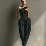 Women's Black High-stretch Knit One-Shoulder Top & High-waist Tapered Pleated Pants