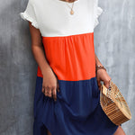 Loose Ruffle Sleeves Contrast Color Falbala Pleated Split-Joint Round-Neck Mini Dresses