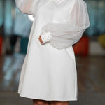 Puff Sleeves Beads Mesh Solid Color Split-Joint Round-neck Midi Dresses