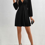 A-Line High Waisted Knot Pleated Solid Color Split-Joint Velvet Deep V-Neck Mini Dresses