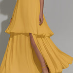 Women's Sunflower Yellow Chiffon Dress With Silhouette & Tiered Ruffle Hem, Timeless Romantic-Luxe Style Dress