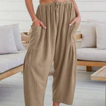 Column Loose Elasticity Pockets Solid Color Casual Pants Bottoms Trousers