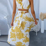 Sleeveless Cut Out Tie Back Printed Midi Dress