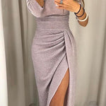 Margovil Off Shoulder High Slit Ruched Glitter Dress