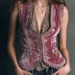 Vintage Dusty Rose Velvet Embroidered Vest With Lace Trim