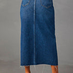 Margovil High Rise Raw Hem Slit Front Denim Midi Skirt
