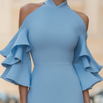 Ethereal Cold-Shoulder Ruffle Sleeve Bodycon Midi Dress