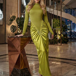 Bodycon Irregularity Pleated Split-Back Split-Joint Half Turtleneck Maxi Dresses
