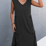 A-line Loose Pleated Solid Color Split-Joint V-neck Midi Dresses