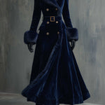 Elegant Mid-length Velvet Coat With Faux Fur Collar