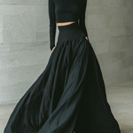 Women's Fashionable And Elegant Black Fitted Turtleneck Long-sleeved Cropped Top Paired With A Black Long Skirt
