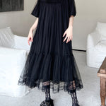 Fake Two-Piece Loose Gauze Pleated Solid Color Split-Joint Tiered Round-Neck Midi Dresses