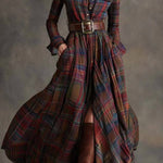 French retro waist long sleeve chiffon dress