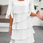 Half Sleeves Loose Layered Ruffled Solid Color Split-Joint Round-Neck Mini Dresses