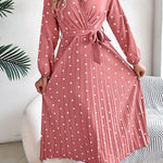 High Waisted Long Sleeves Pleated Polka Dot Tied Waist V-Neck Maxi Dresses Shirt Dress