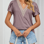 Zeagoo Zeagoo Women's Contrast Lace Trim V Neck Blouses Petal Short Sleeve Tunic Loose Casual Soft Shirts