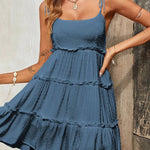 A-Line Loose Jacquard Layered Pleated Solid Color Split-Joint Spaghetti-Neck Mini Dresses