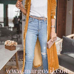 Margovil Stylish Open Front Long Sleeve Velvet Long Coat