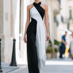 Black & White Halter Neck Colorblock Wide-Leg Jumpsuit