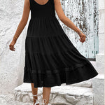 Loose Sleeveless Buttoned Solid Color Tiered Round-neck Midi Dresses