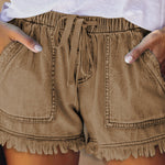 10 Colors Casual Drawstring High Waisted Denim Fringed Shorts