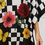 Loose Three-Quarter Sleeves Flower Print Plaid Mock Neck Blouses&Shirts Tops
