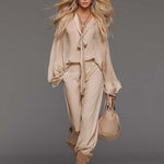 Elegant Flowing Versatile Tie-front V-neck Flared Sleeves Beige Chiffon Blouse And Pants Set