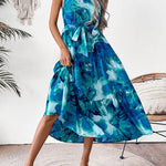 Loose Sleeveless Hollow Pleated Printed Split-Joint Tied Waist Round-Neck Midi Dresses