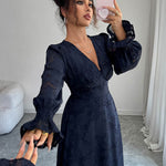 A-Line Elasticated Waist Jacquard Leaves Print Ruffled Solid Color Split-Joint Deep V-Neck Midi Dresses