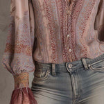 Boho Paisley Sheer Blouse With Lace Cuffs