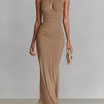 Women's Taupe Stretch Jersey Dress With Halter Neck & Ruched Bodice, Timeless Romantic-Luxe Style Dress