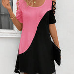 A-Line Loose Contrast Color Hollow Mesh Split-Joint Cold Shoulder Mini Dresses