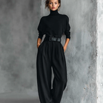 Women's All-black Turtleneck Long-sleeved T-shirt And Straight-leg Pants Two-piece Set