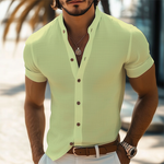 Men's Summer Basic Stand Collar Textured Short Sleeve Shirt