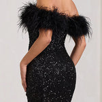 Margovil Off Shoulder Feather Trim Sequin Mini Party Dress