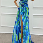 Margovil Strapless Rose Detail High Slit Printed Chiffon Maxi Dress