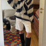 Margovil Lantern Sleeves Button Down Color Block Stripes Sweater with Scarf