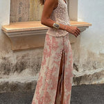 Lace-up High Slit Printed Maxi Skirt
