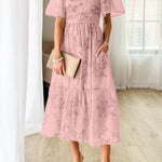 Square Neck Short Sleeve Ruched Floral Midi Dress