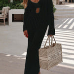 Margovil V Neck Long Sleeves Backless Crochet Hollow Out Knit Maxi Dress