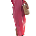 Pink Crew Neck Bat Sleeve Split Maxi T-shirt Dress