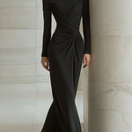 Black Asymmetric Draped Long-Sleeve Column Maxi Dress