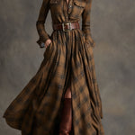 Retro Ethnic Style Lapel Reddish Brown Plaid Maxi Dress